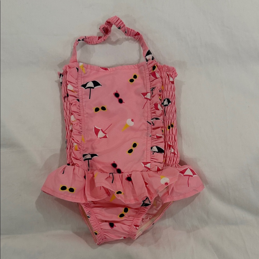 Rachel Riley Pink Ruffle One-Piece Swimsuit with Beach Print